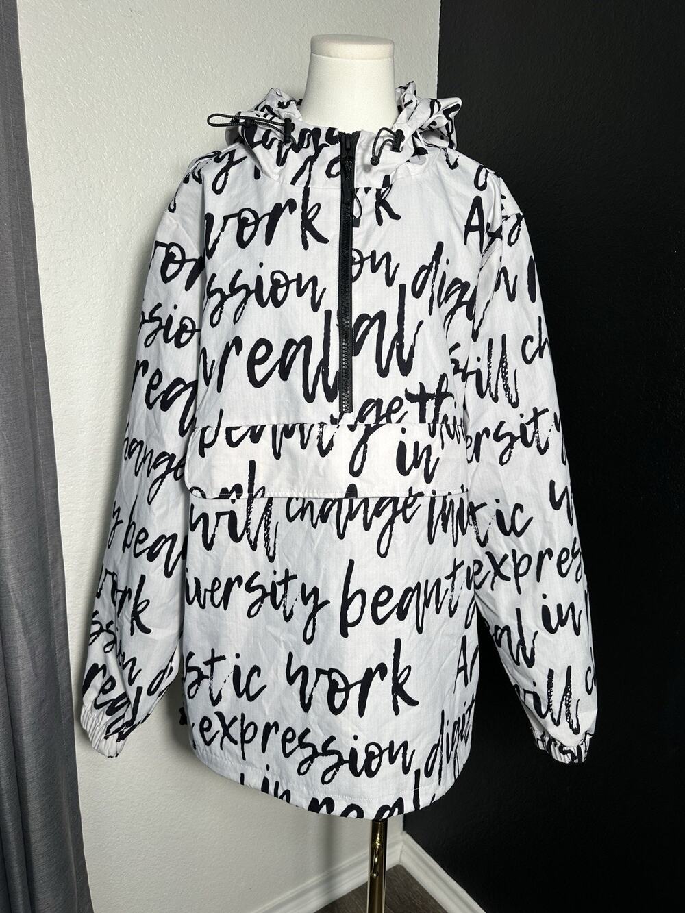 Zara Women’s XL Black White Script Print Hooded Anorak Windbreaker Pullover